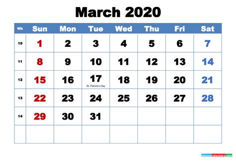 march 2020 calendar with holidays